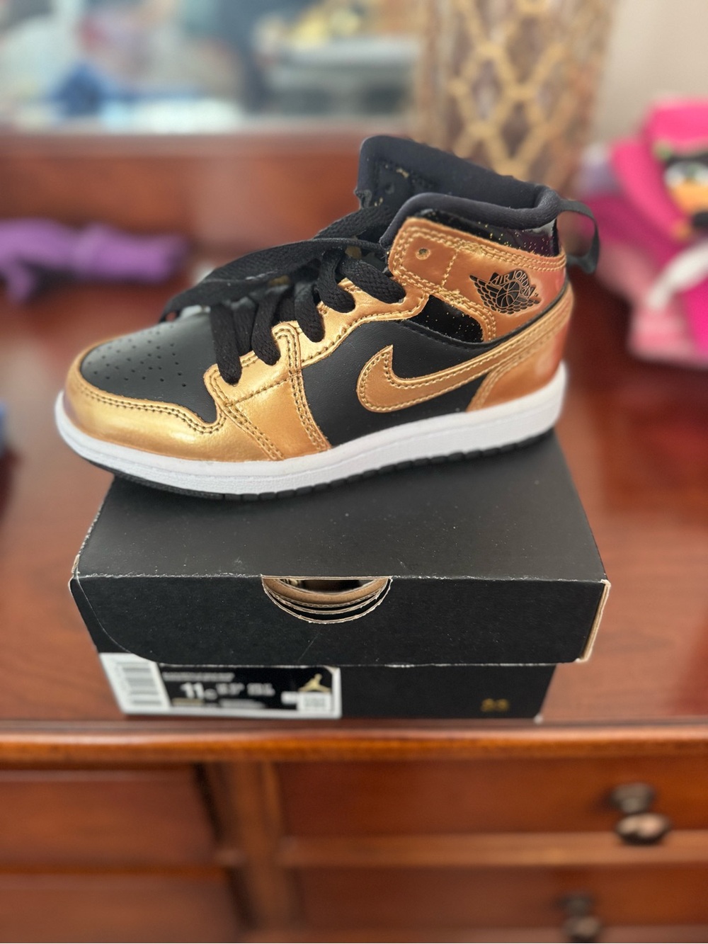 Nike Air Jordan 1 Mid - Black & Metallic Gold Kids Sneakers